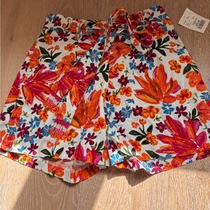 C&C California White High-Waist Floral Tie-Waist Shorts with Pink & Orange Print